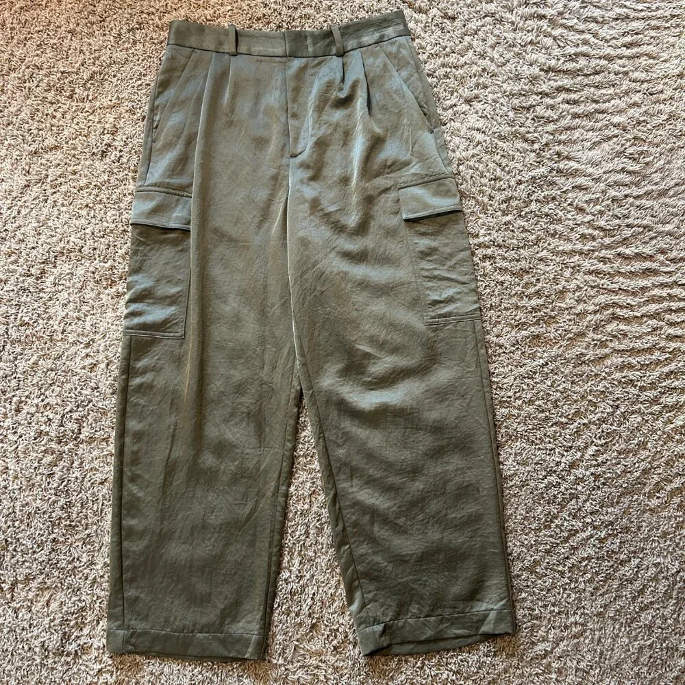 MADEWELL High-Rise Straight Cargo Trousers in Satin Women's Size 10 Olive Green - Picture 6 of 12